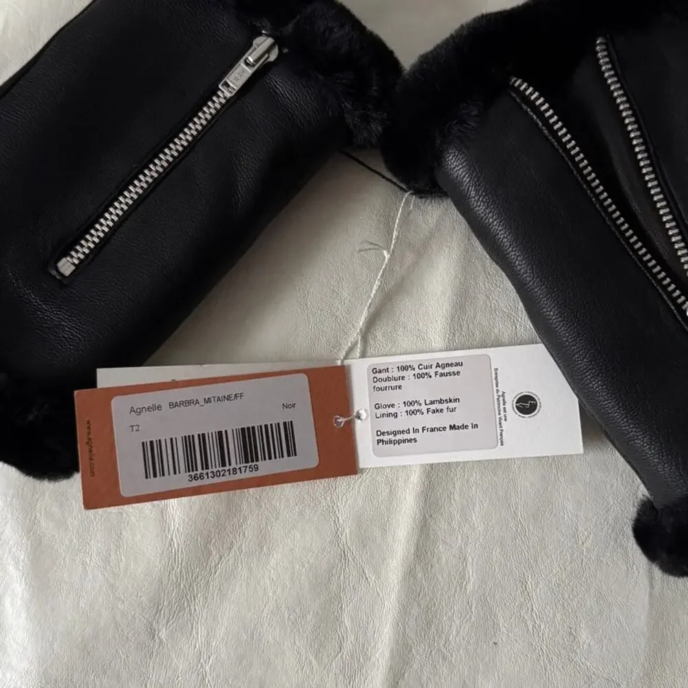 New Agnelle Barbara Fingerless Gloves in Noir Leather Women's Size 2